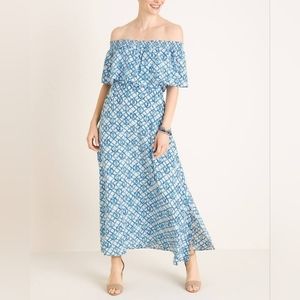 NWT !! Chico's Blue & White Smocked Off Shoulder Maxi Dress Sz. 2